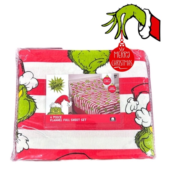 🎄The Grinch 4 PIECE FLANNEL 100% COTTON FULL SHEET SET - Picture 1 of 7